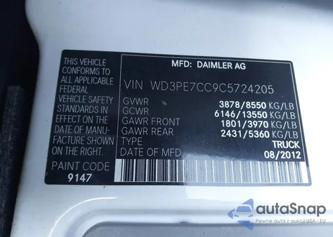 2012 Mercedes-Benz Sprinter 2500 Normal Roof from USA, damaged, VIN WD3PE7CC9C5724205